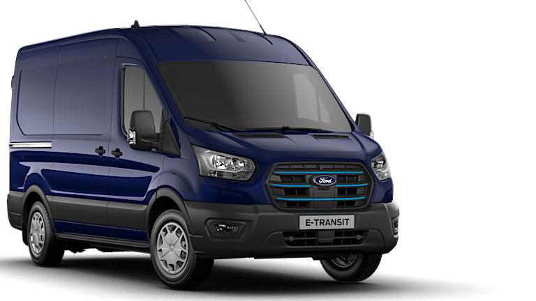 Ford E Transit Bedrijfswagen Modelfoto Schuinvoorkant Donker Blauw